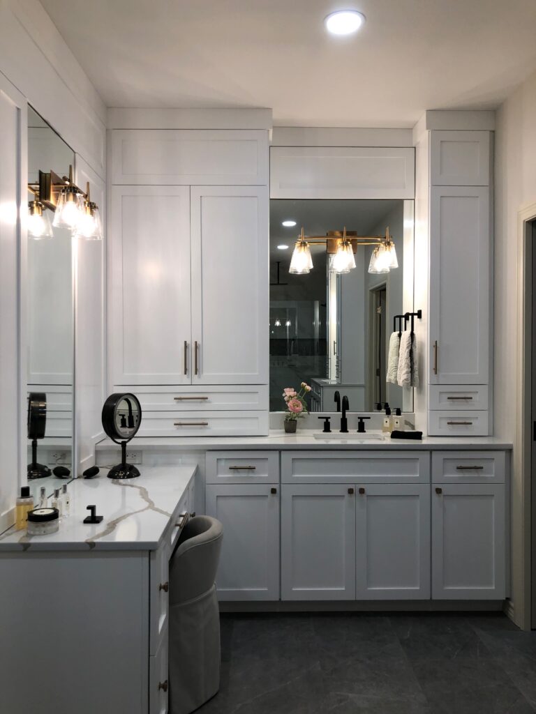 White bathroom vanity cabinets refinished with satin finish